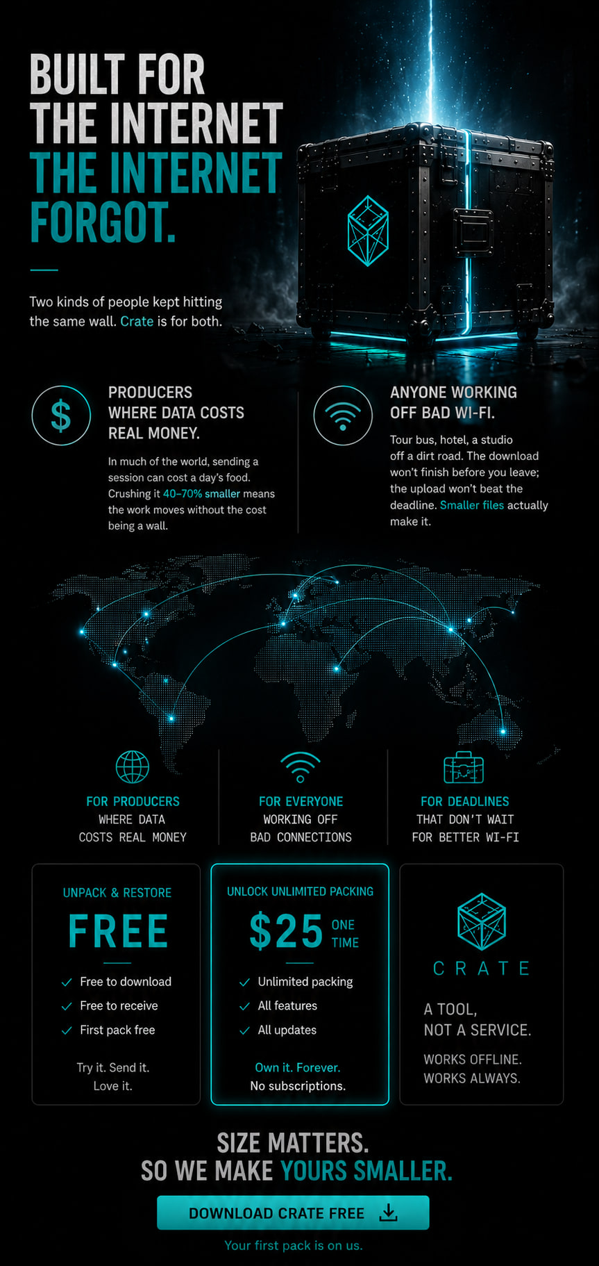 Infographic: built for the internet the internet forgot, a glowing road case with connections spanning a world map.