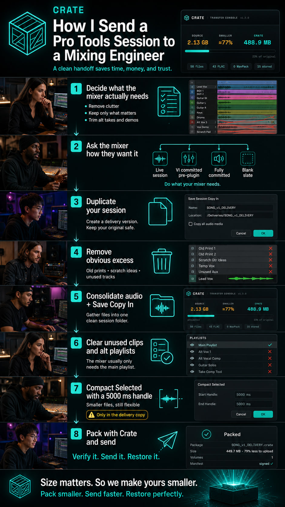 Infographic: how to send a Pro Tools session to a mixing engineer, a clean step by step delivery workflow with Crate.